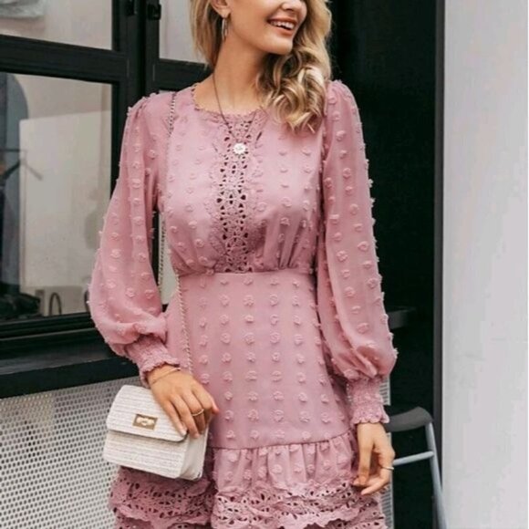 CONTRAST LACE BLUSH POLKA DOT GLAMOROUS DRESS - Picture 10 of 16